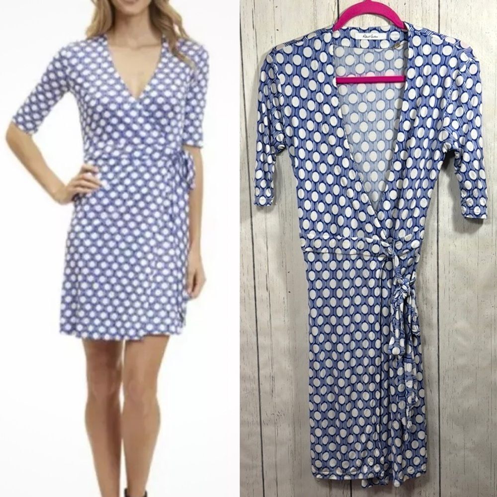 Robert Graham Silk Blend Wrap Dress Blue White Polka Dot Preppy Chic Mini Small